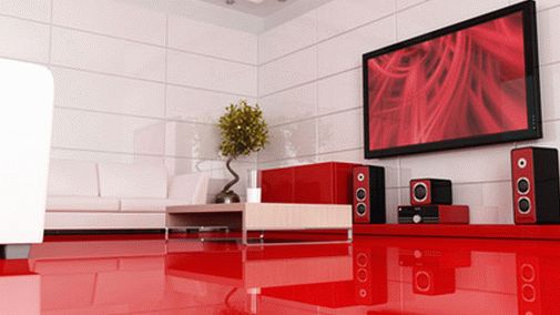 Интерьер красно-белой гостиной в стиле минимализм