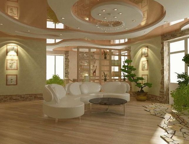 Дизайн потолков из гипсократона в большой гостиной