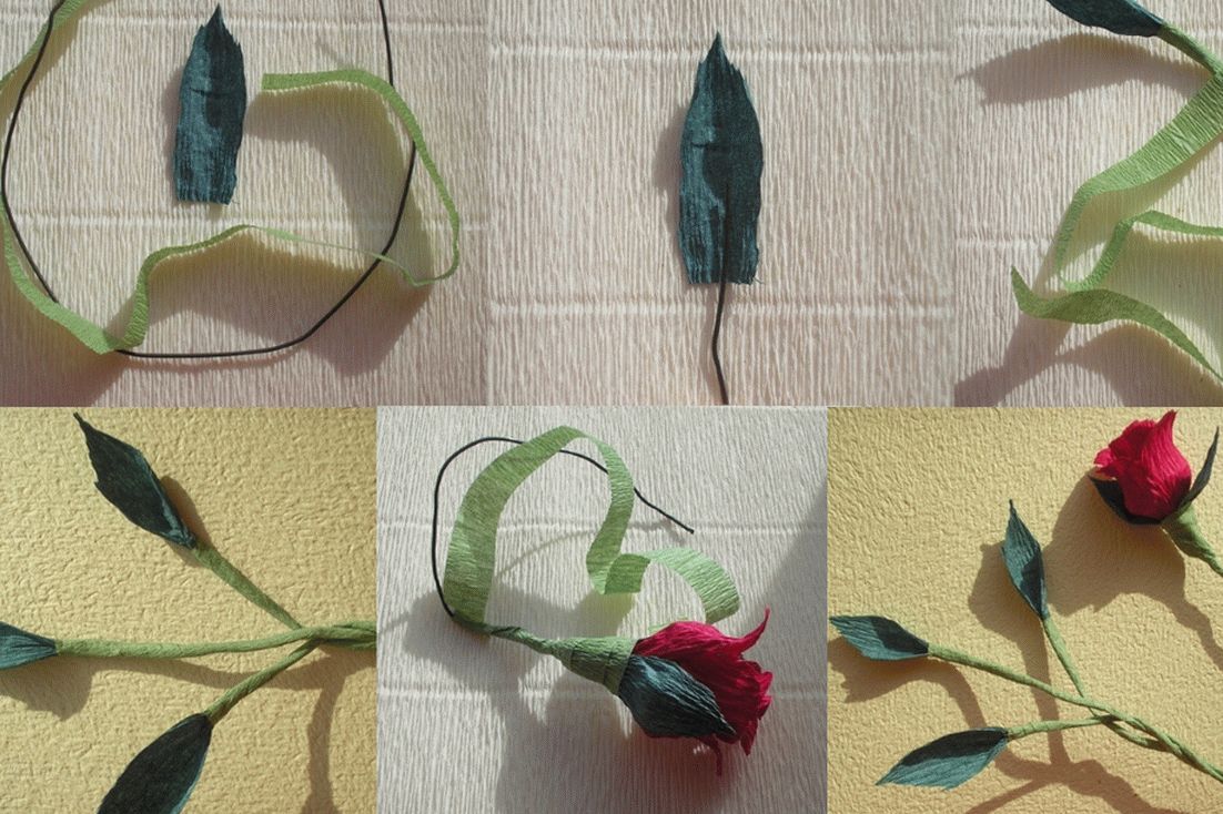 Пошаговое изготовление стебля розы из гофрированной бумаги