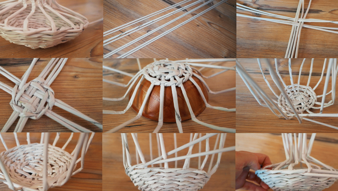 Начальные этапы плетения грибка из газетных трубочек