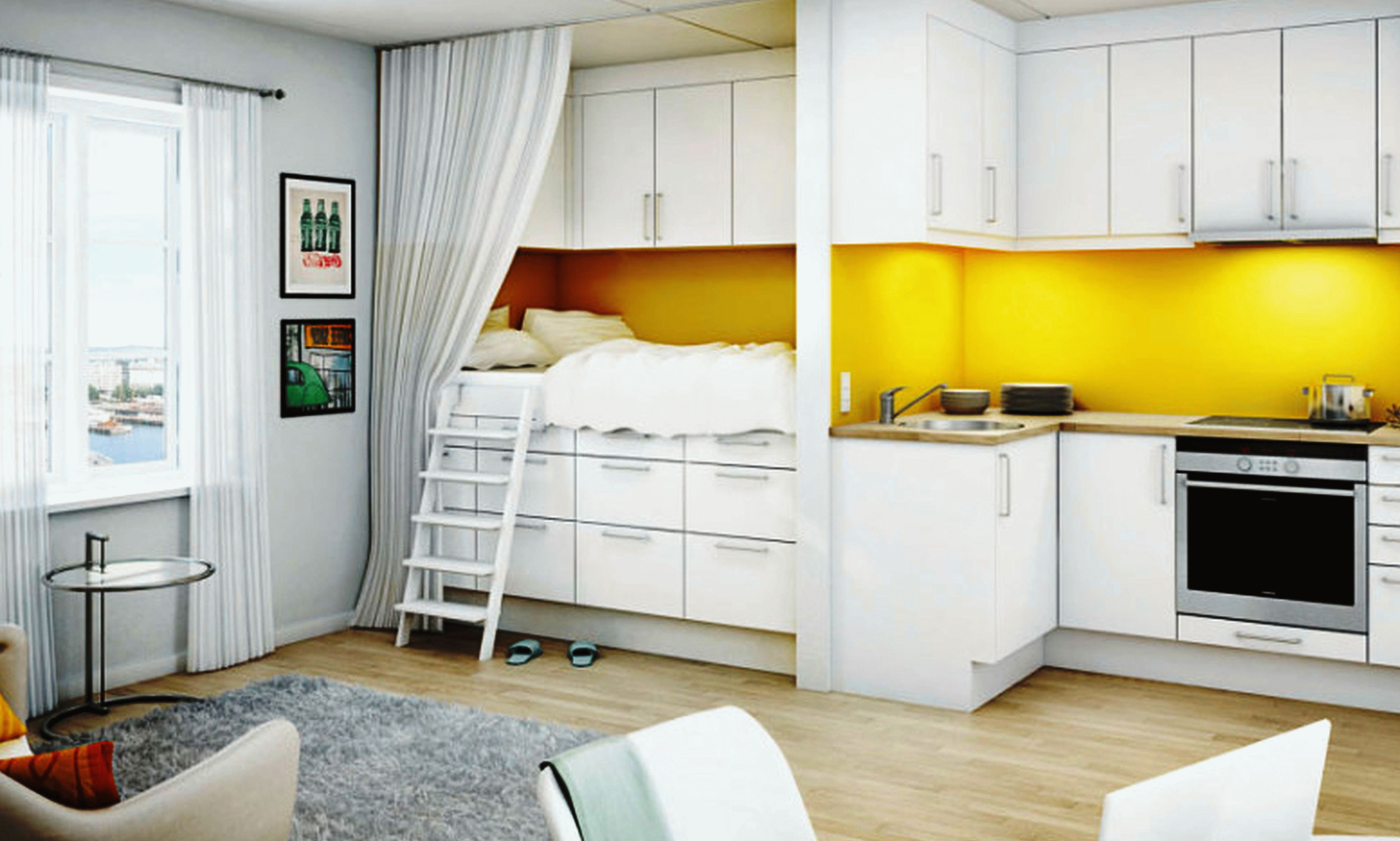 Как правило дизайн квартиры-студии 18 кв. м предполагает отсутствие перегородки между кухней и основным жилым пространством
