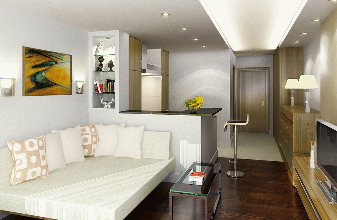 Интерьер квартиры-студии 18 кв. м предполагает использование залы, как в качестве спальни, так и гостиной