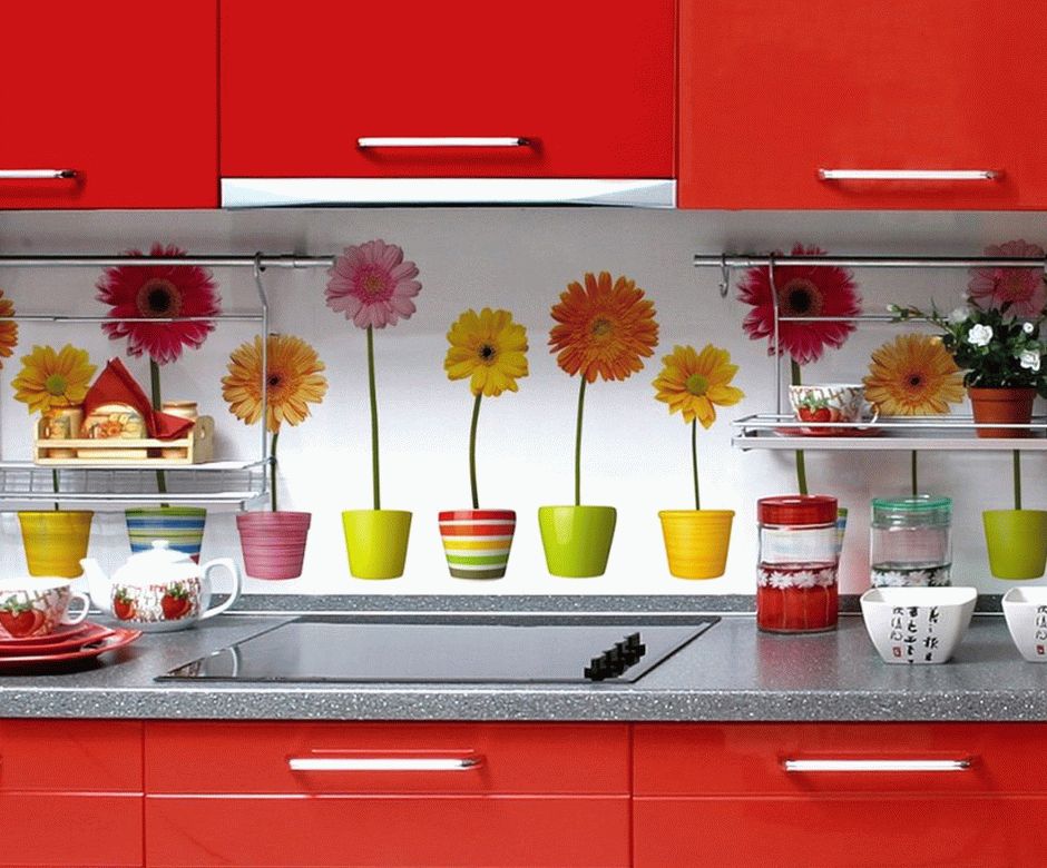 Дизайнерское оформление кухонного фартука фотопечатью - цветы в горшках